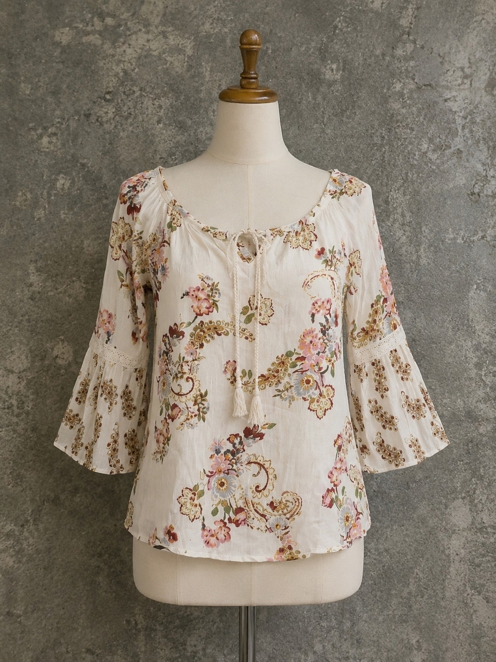 Bila White Floral Paisley Tie-Front Peasant Blouse